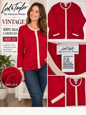 Vintage Lord & Taylor The American Woman 100% Silk Cardigan Red 2X